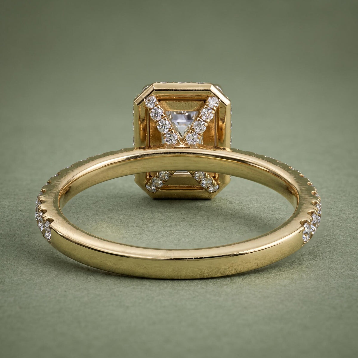 Under-Gallery View of Emerald Cut Lab Grown Diamond Ring with Accent Stones