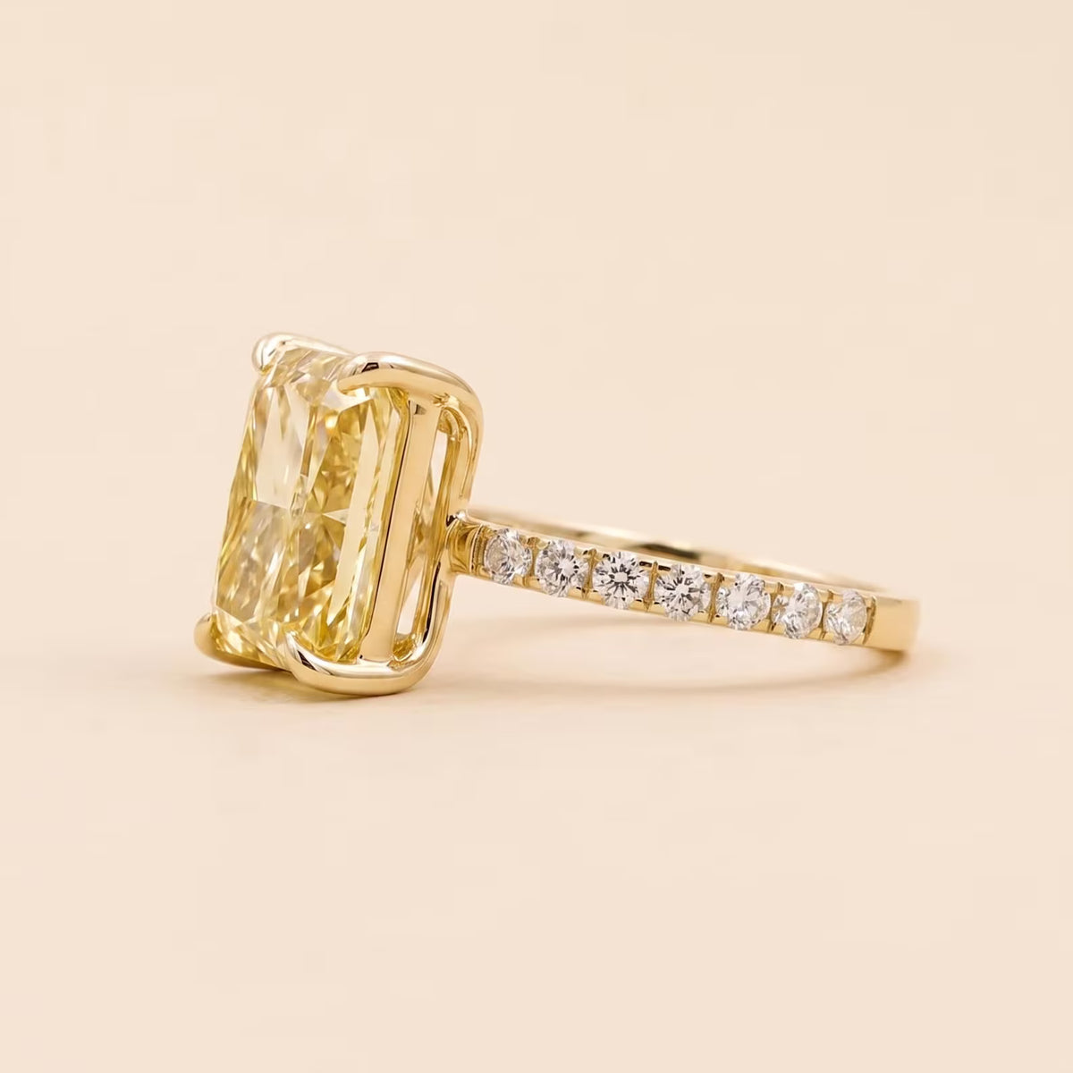 Side Profile View of 4 CT Yellow Radiant Cut Lab Grown Diamond Ring