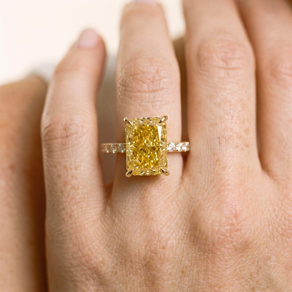4 Carat Yellow Radiant Cut Lab Grown Diamond Ring Worn on Finger