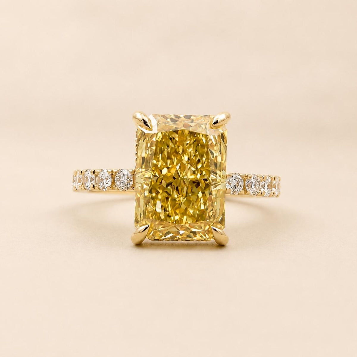 4 CT Yellow Radiant Cut Lab Grown Diamond Ring Front View on Neutral Background