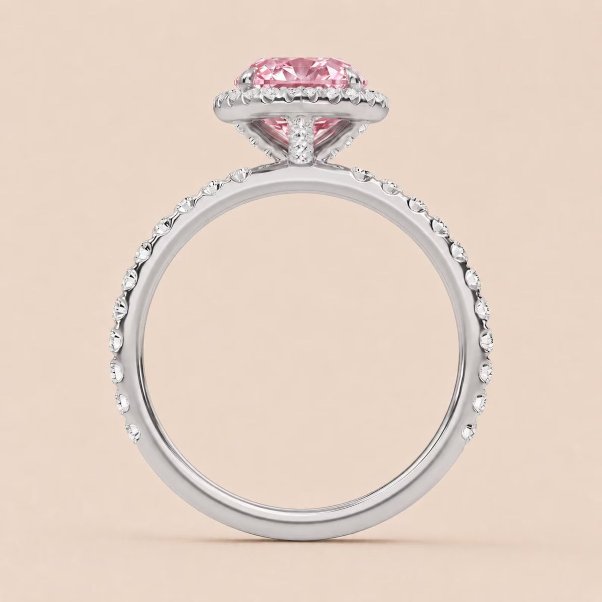 Side Angle View of 3 Carat Pink Pear Cut Lab Grown Diamond Ring in White Gold