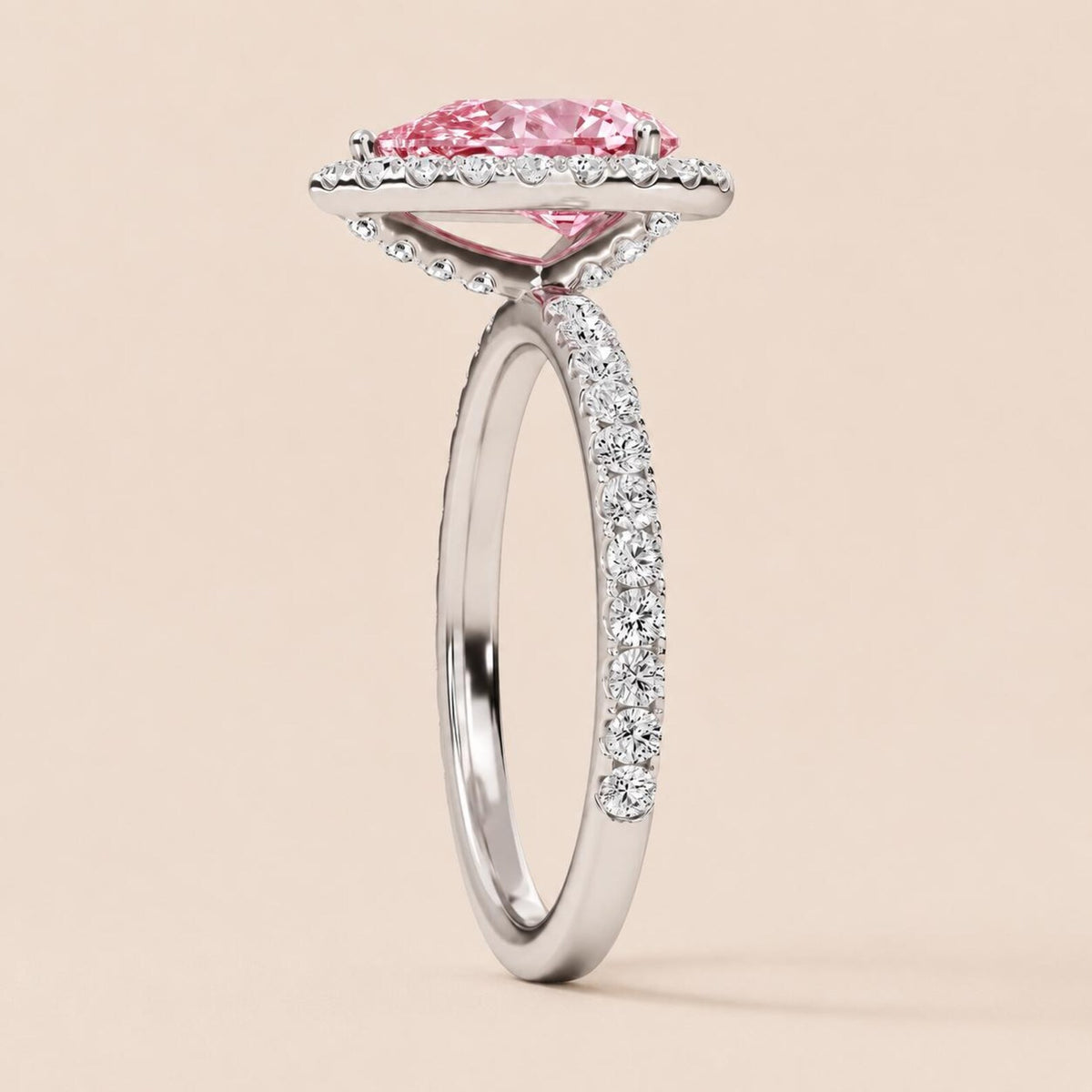Side Profile View of 3 CT Pink Pear Cut Lab Grown Diamond Halo Ring