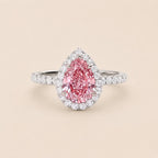 Front View of 3 CT Pink Pear Cut Lab Grown Diamond Halo Ring on Neutral Background