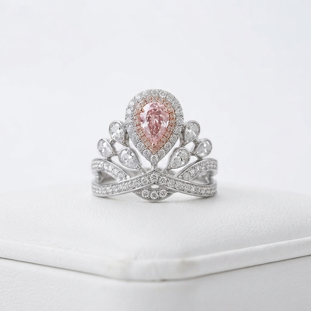 Front-facing view of the luxurious pink pear cut lab grown diamond tiara ring featuring a vibrant center stone and crown motif.
