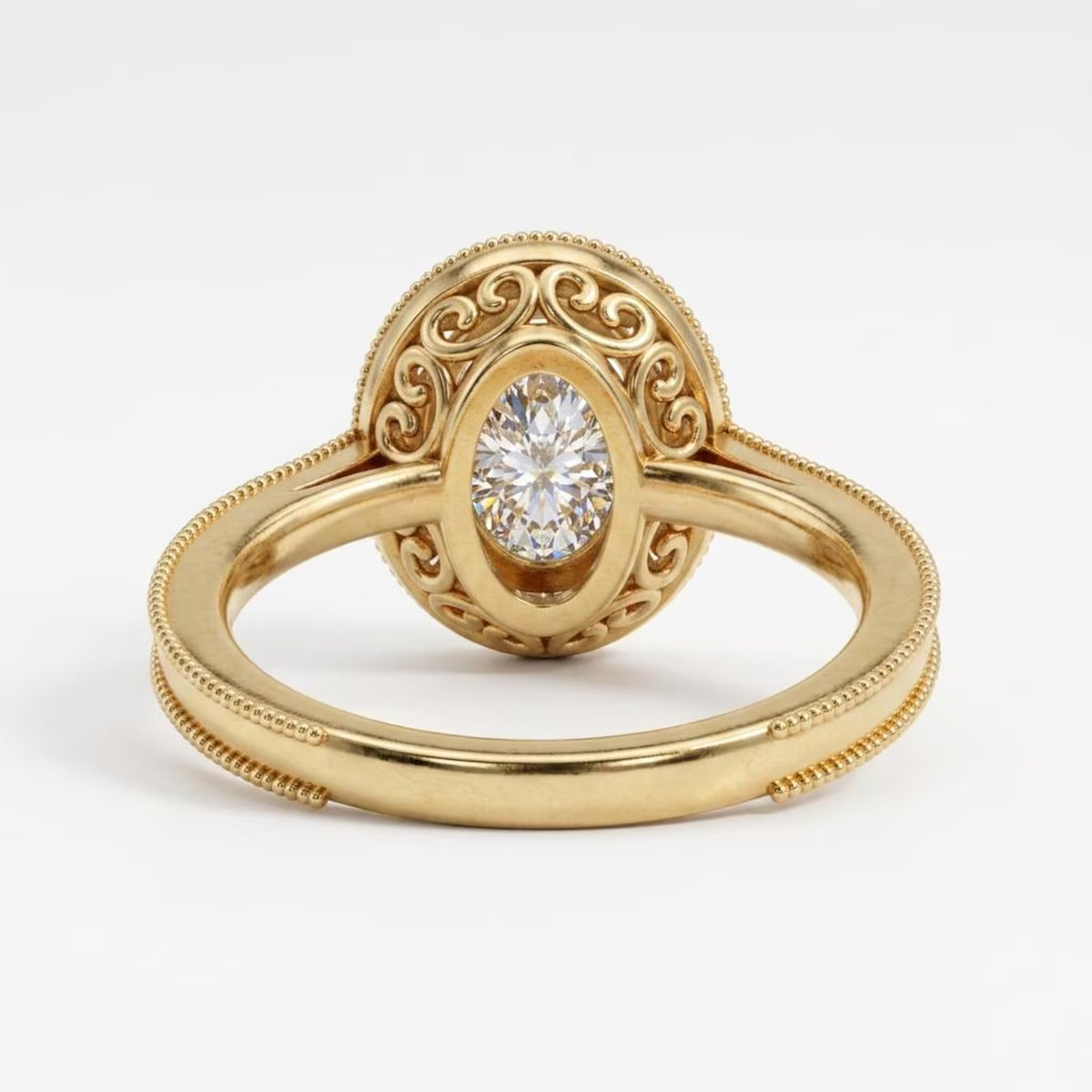 3 Carat Oval Cut Lab Grown Diamond Vintage Filigree Engagement Ring Back View in Yellow Gold