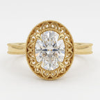 Top View of 3 CT Oval Lab Grown Diamond Antique Milgrain Ring in Yellow Gold