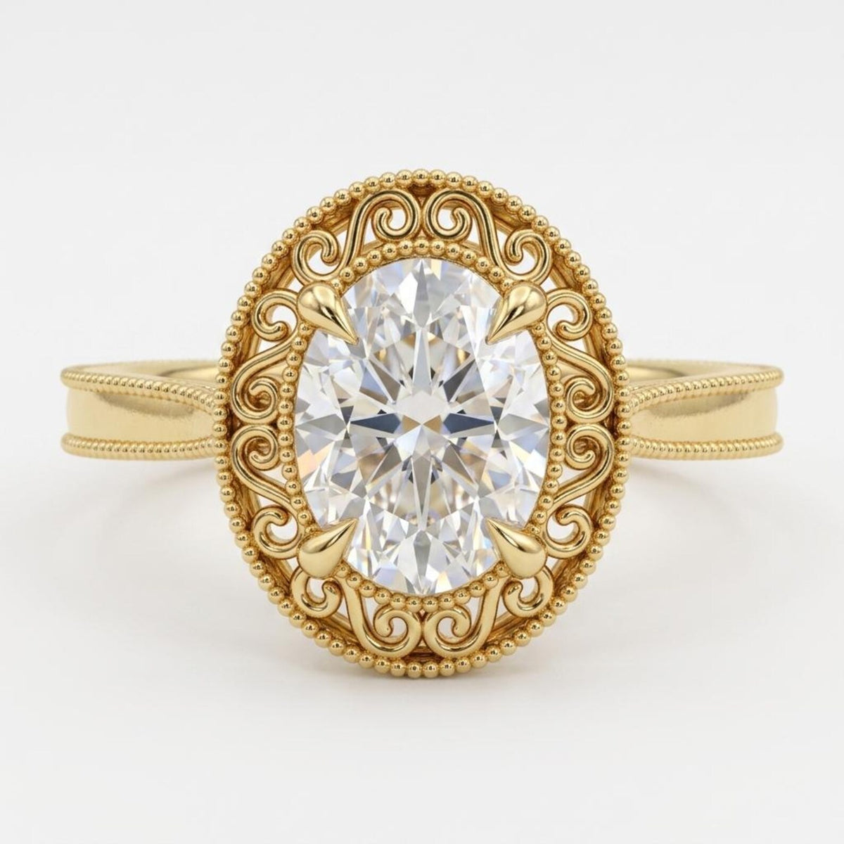 Top View of 3 CT Oval Lab Grown Diamond Antique Milgrain Ring in Yellow Gold