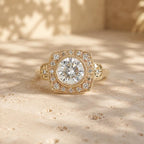 Top View of 3 CT Round Cut Lab Grown Diamond Halo Engagement Ring in Yellow Gold
