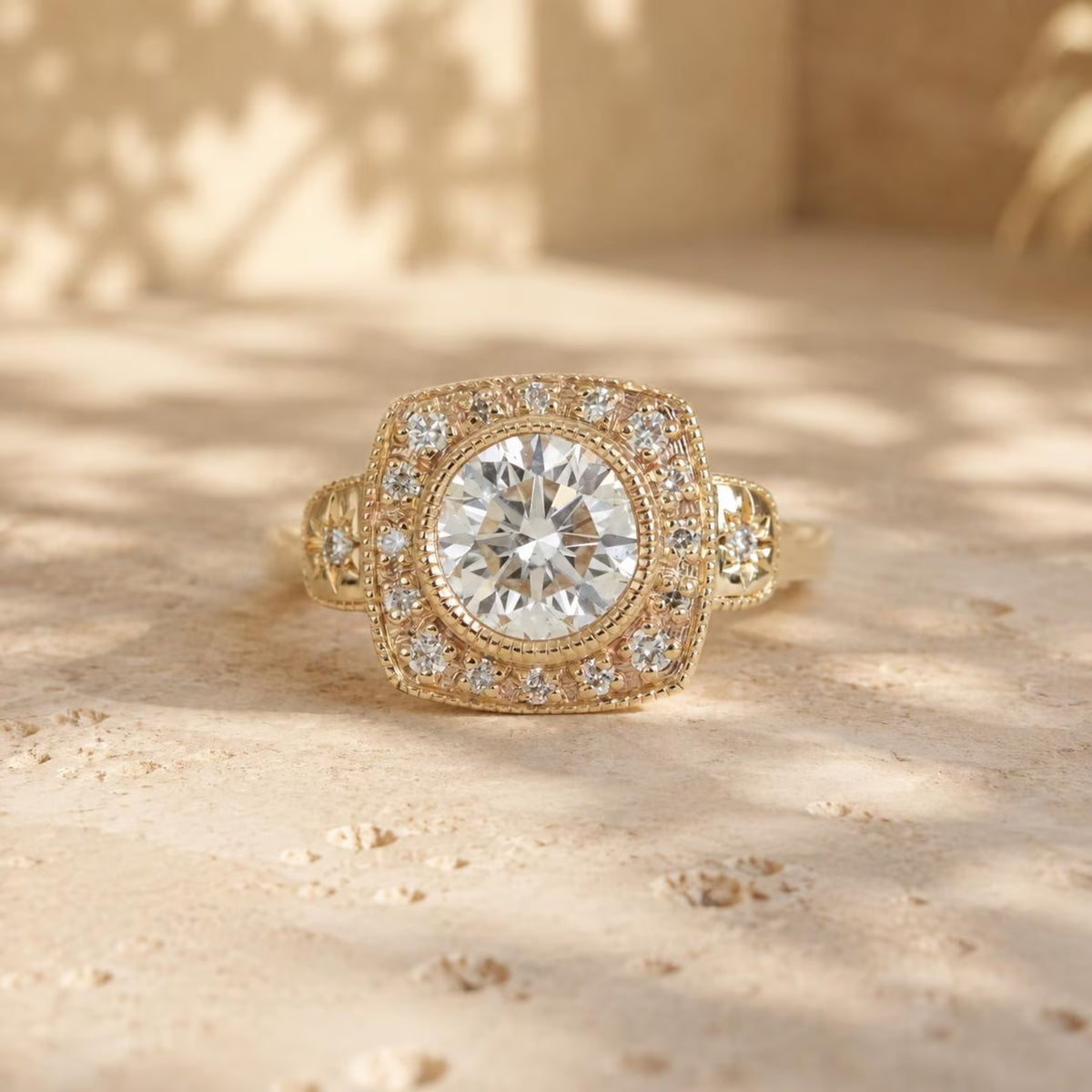 Top View of 3 CT Round Cut Lab Grown Diamond Halo Engagement Ring in Yellow Gold