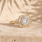 Side Profile View of 3 Carat Round Lab Grown Diamond Ring with Cushion Halo