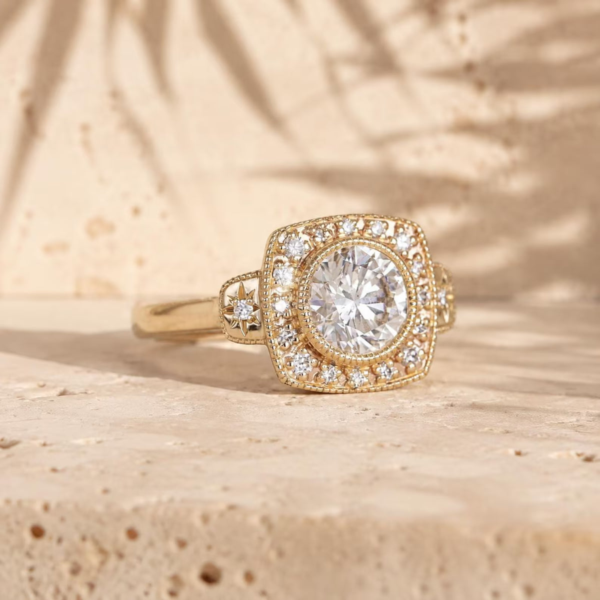 Side Profile View of 3 Carat Round Lab Grown Diamond Ring with Cushion Halo