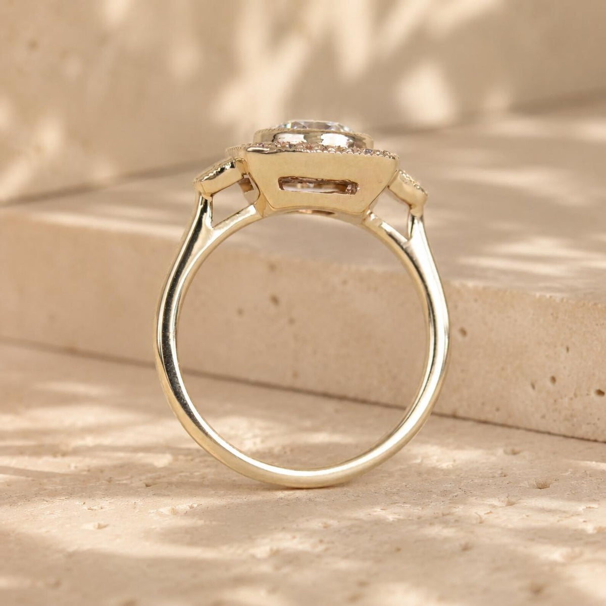 Angled View of Vintage Style Round Cut Lab Grown Diamond Engagement Ring
