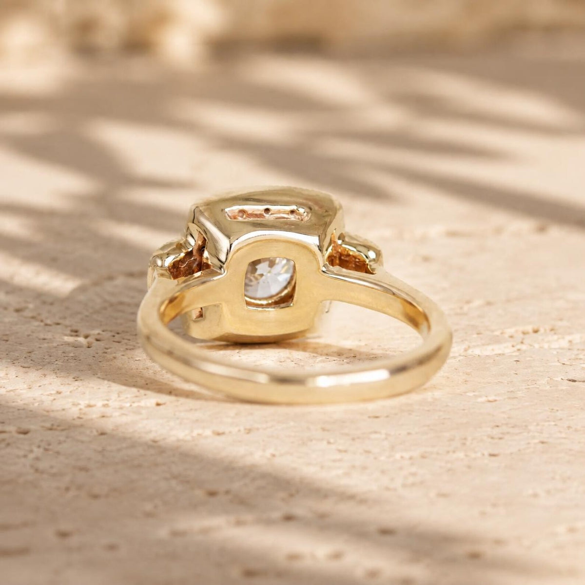 Back Profile and Gallery View of Yellow Gold Halo Diamond Ring