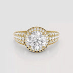 Top view of 3 CT round cut lab grown diamond triple band halo engagement ring in yellow gold.