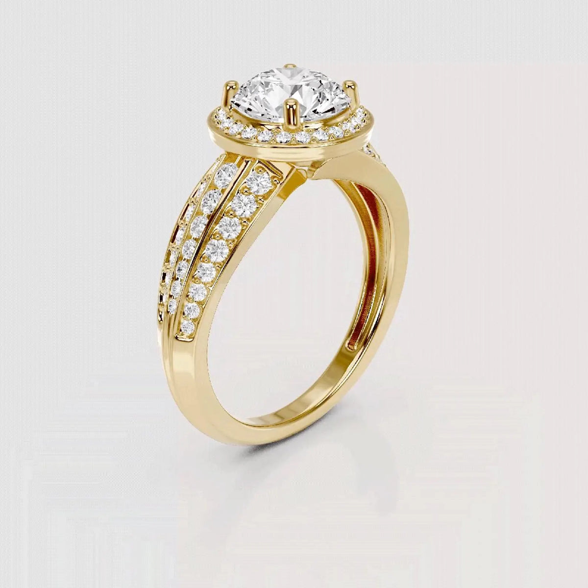 Side profile view of 3 carat round lab grown diamond ring with multi-row pave band.