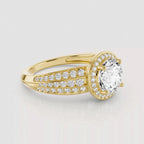 Angled view showing the triple band diamond architecture of the yellow gold halo ring.