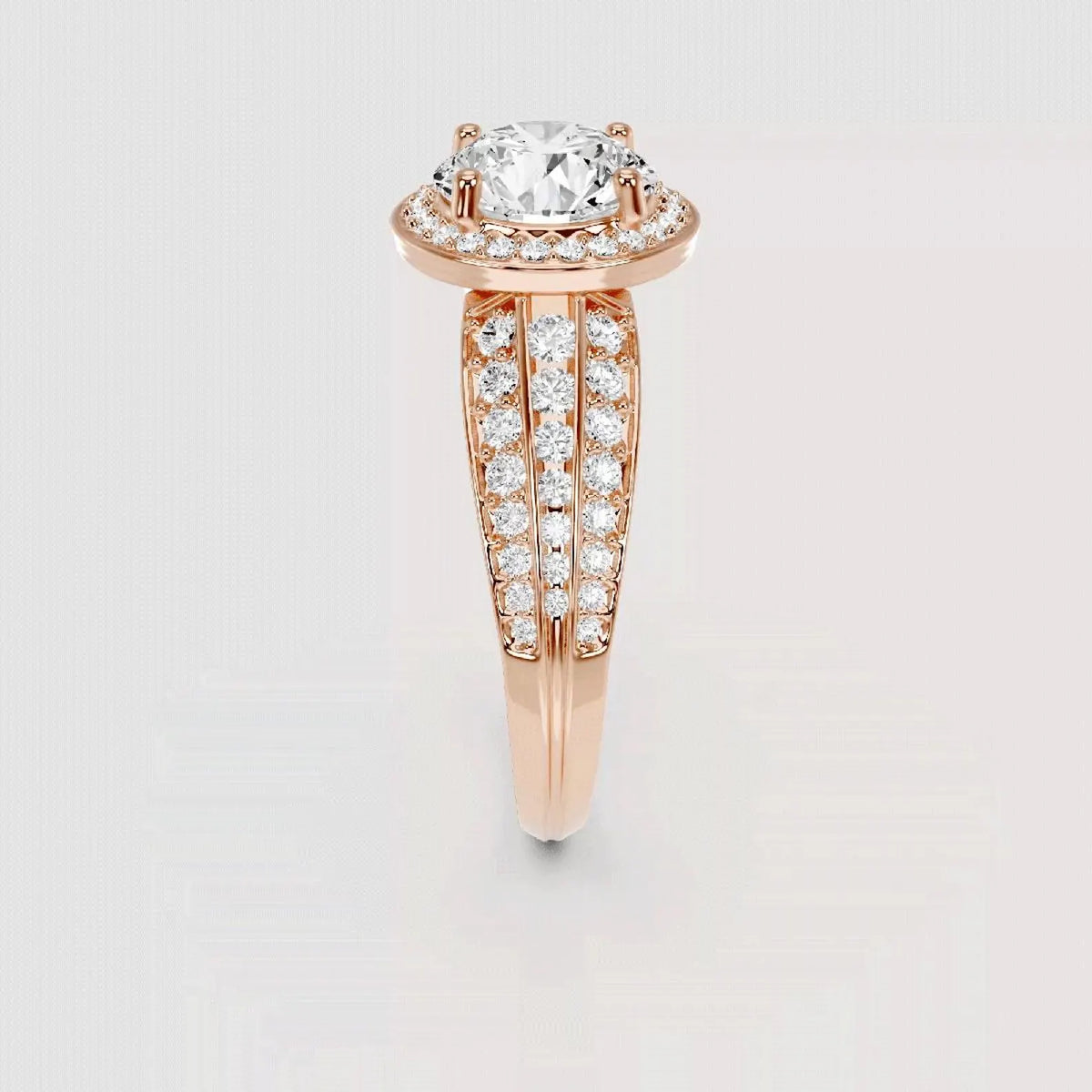 Close-up perspective of the multi-row pave band design on a rose gold finish.