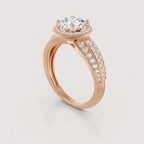 Profile perspective highlighting the raised halo setting in a warm rose gold tone.