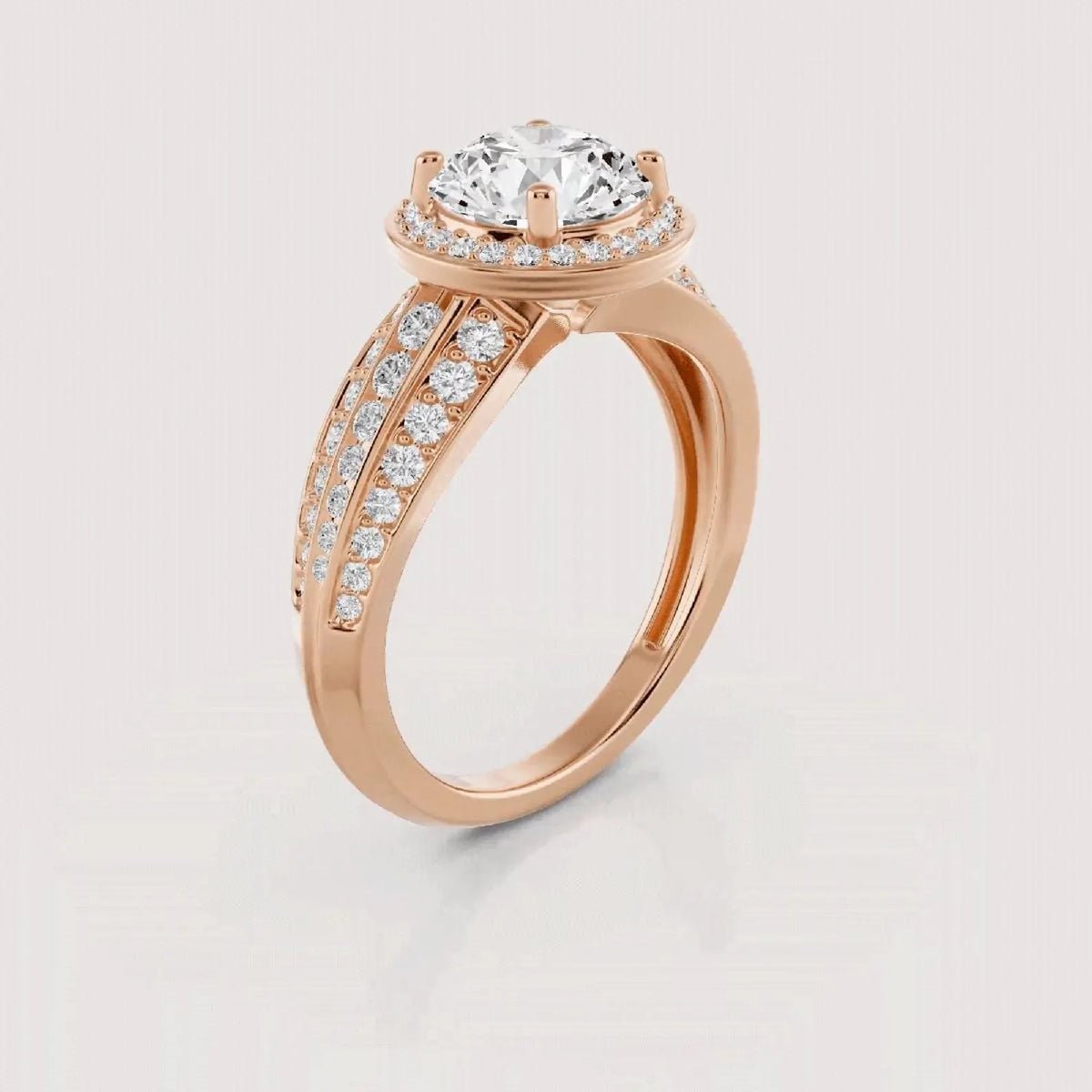 Side profile view demonstrating the structural elegance of the triple band pave setting in rose gold.