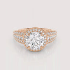 Direct top-down view emphasizing the sparkling center round diamond and multi-row pave halo structure in rose gold.
