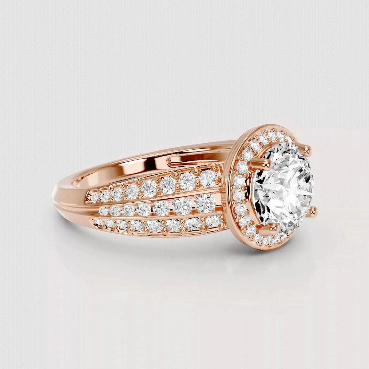 Macro close-up angle capturing the intricate pave stone placement along the triple rows of the ring.