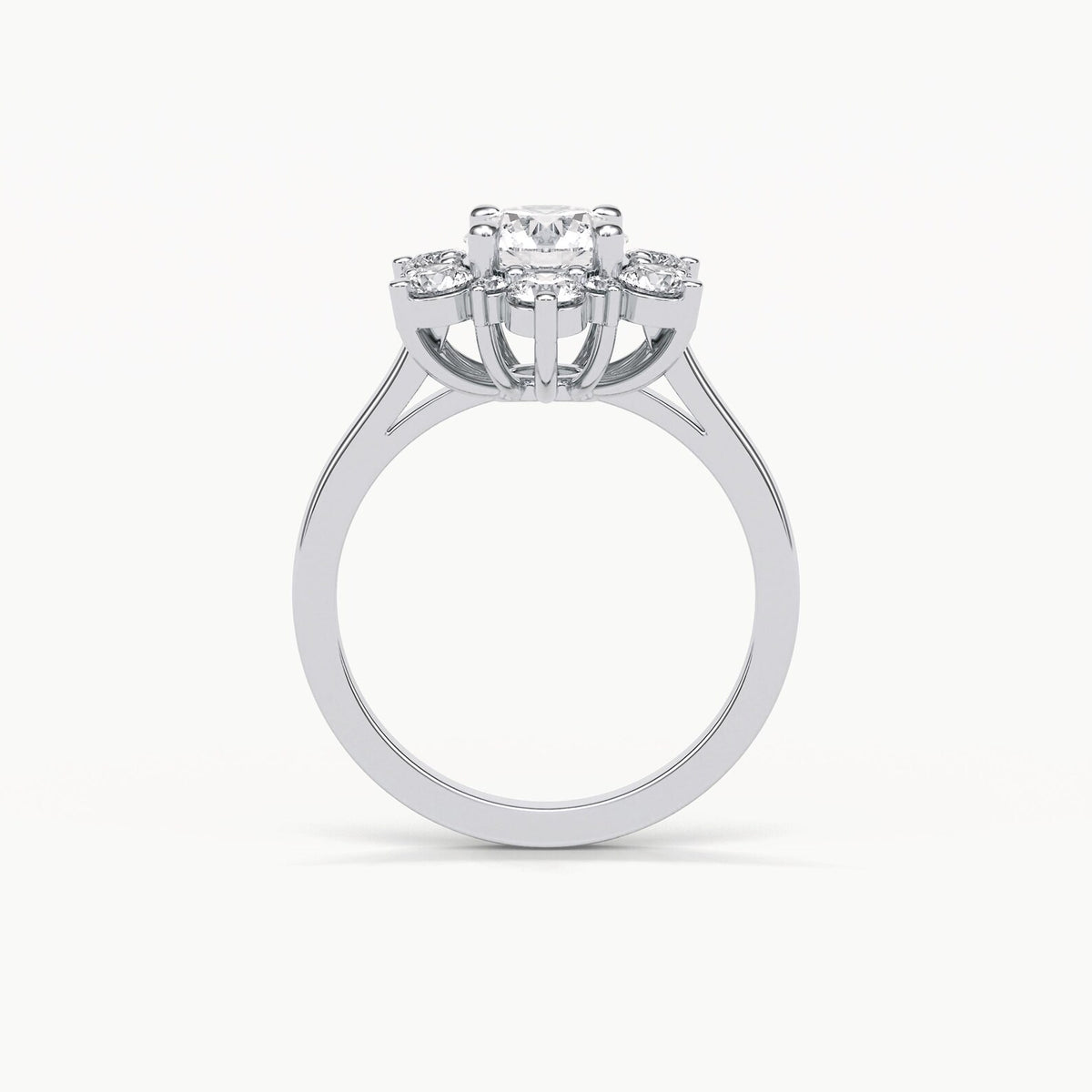 Front Profile View of Floral Halo Engagement Ring in White Gold