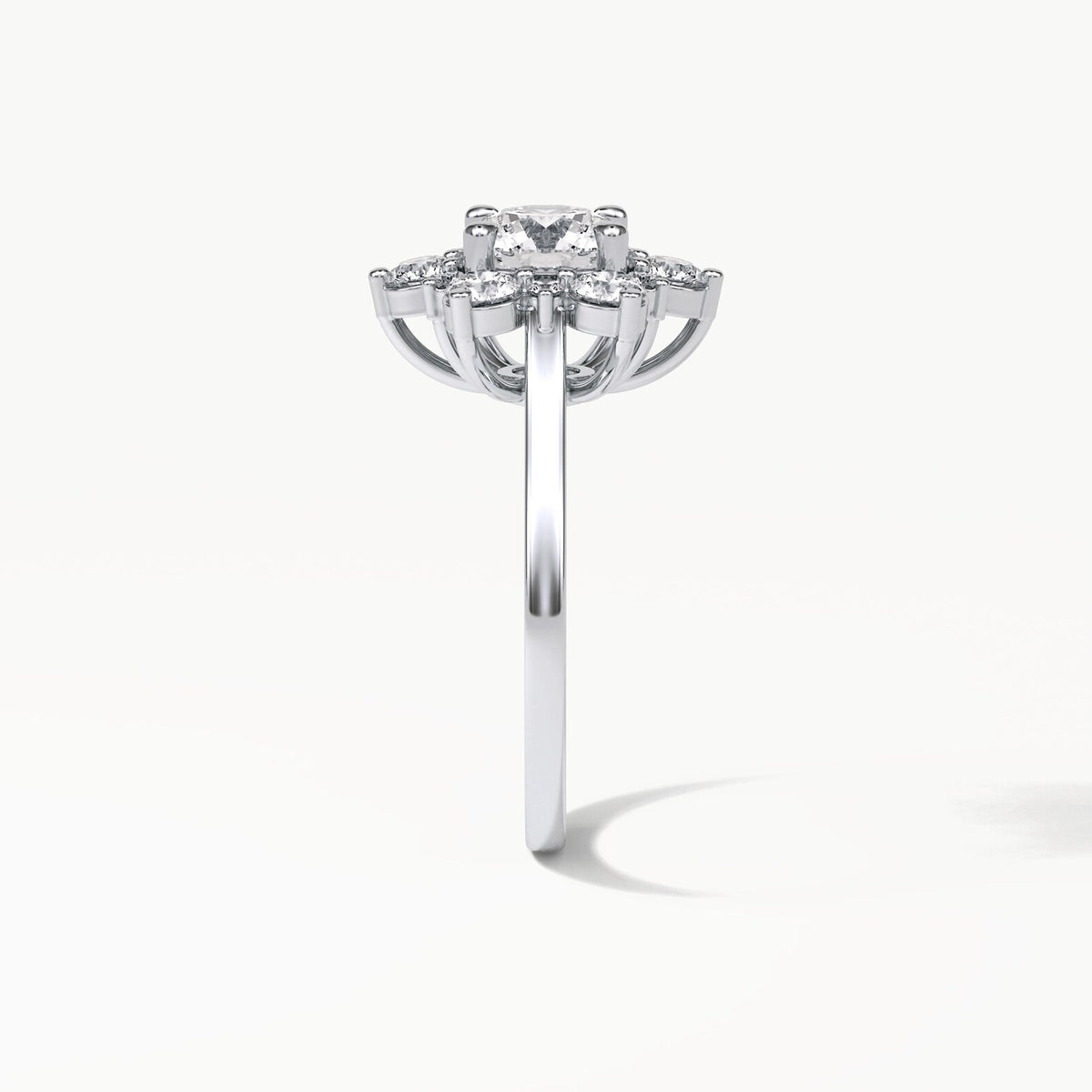 Direct Side View of 3 CT Round Cut Lab Grown Diamond Ring Cluster Basket