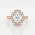 Direct top-down rendering of a 4 CT oval lab grown diamond engagement ring with a scalloped floral halo in rose gold.