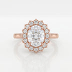 Direct top-down rendering of a 4 CT oval lab grown diamond engagement ring with a scalloped floral halo in rose gold.
