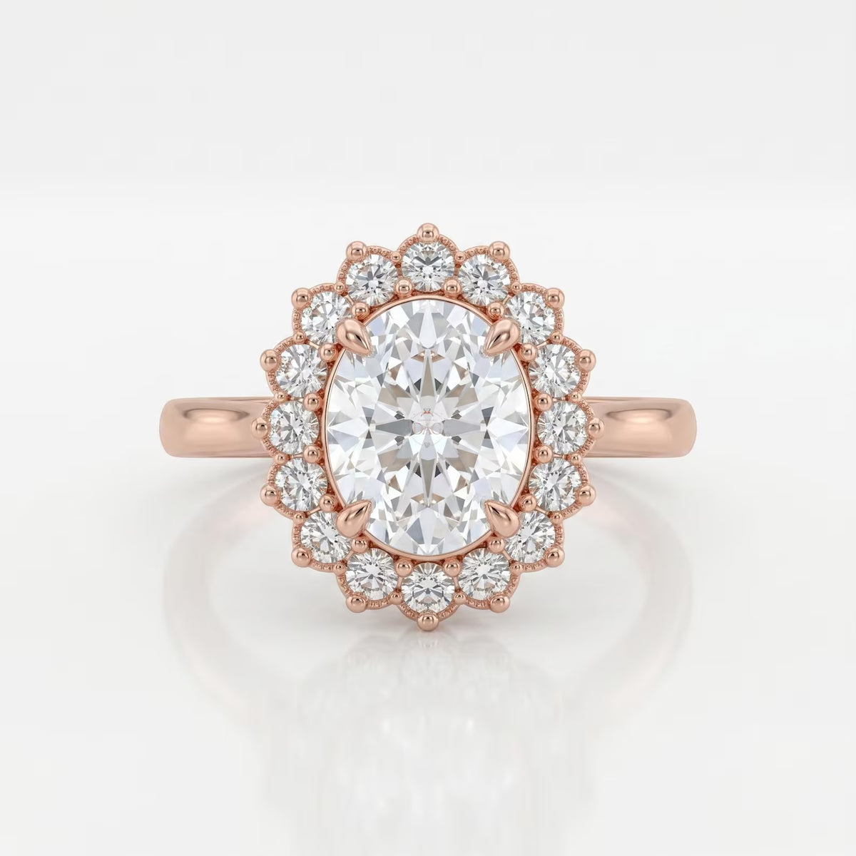 Direct top-down rendering of a 4 CT oval lab grown diamond engagement ring with a scalloped floral halo in rose gold.