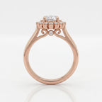 Side profile rendering of a 4 CT oval lab diamond ring showing scroll filigree gallery and surprise accent diamond in rose gold.