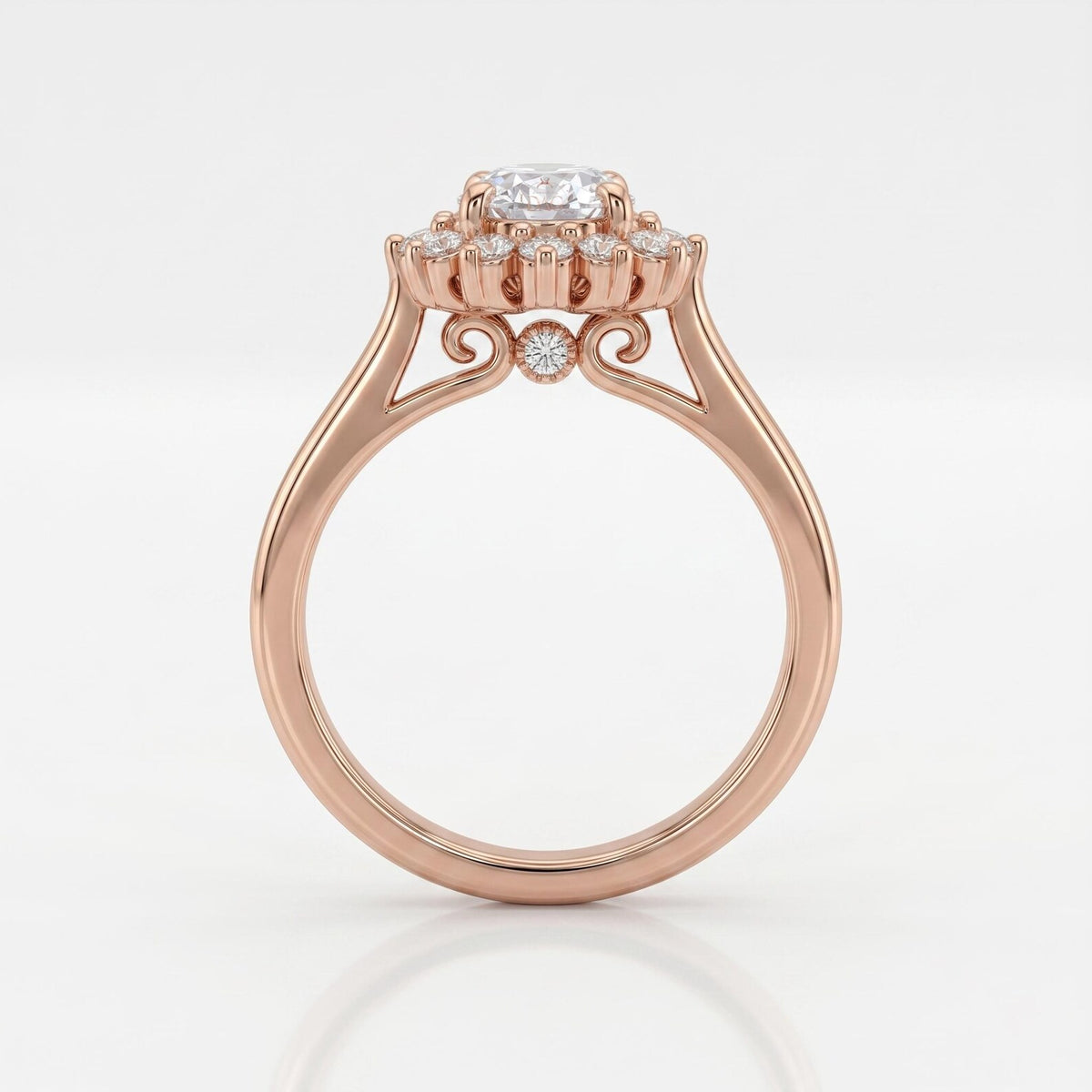 Side profile rendering of a 4 CT oval lab diamond ring showing scroll filigree gallery and surprise accent diamond in rose gold.
