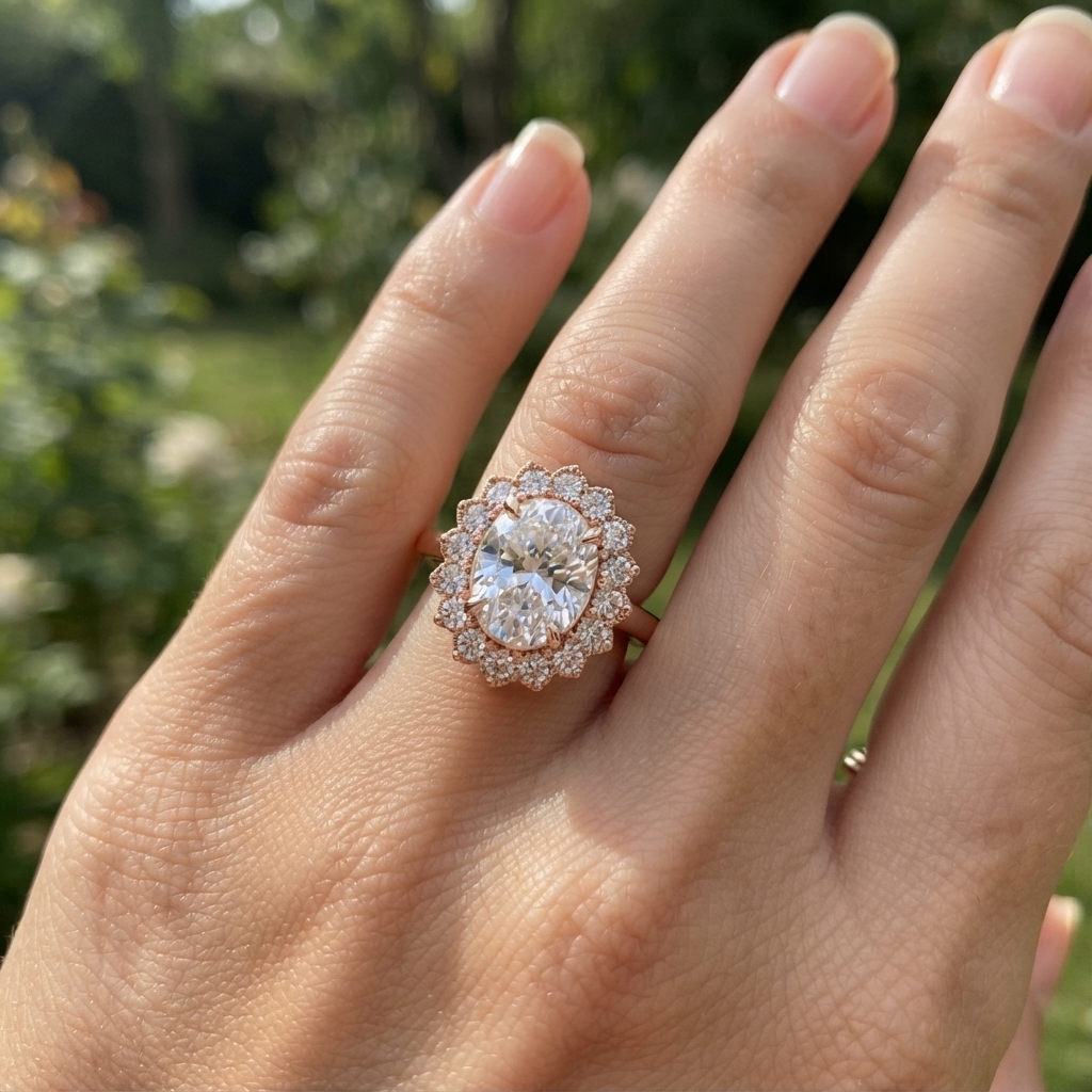 4 CT oval cut lab grown diamond scalloped floral halo engagement ring in rose gold worn on finger outdoors.