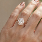 Close-up on-hand view of a rose gold 4 CT oval lab grown diamond ring featuring a starburst bloom halo.
