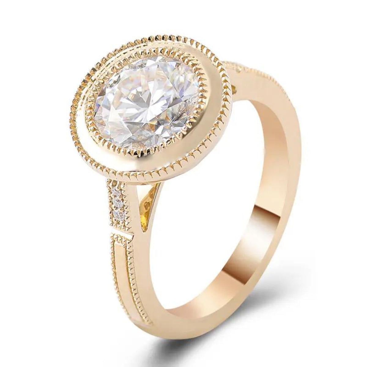 Angled front perspective of a 3 CT round cut lab grown diamond ring with milgrain bezel rim in yellow gold.