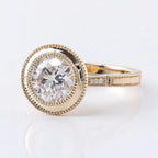 Perspective view highlighting the vintage milgrain band and side accents of a 3 CT round lab diamond ring in yellow gold.