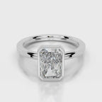 Direct top-down view of 4 CT radiant cut lab grown diamond bezel solitaire ring in white gold.
