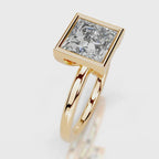 Direct front view of 4 CT princess cut lab grown diamond bezel solitaire ring in rose gold.