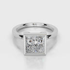 Three-quarter angle view of 4 CT princess cut lab diamond bezel engagement ring in rose gold.
