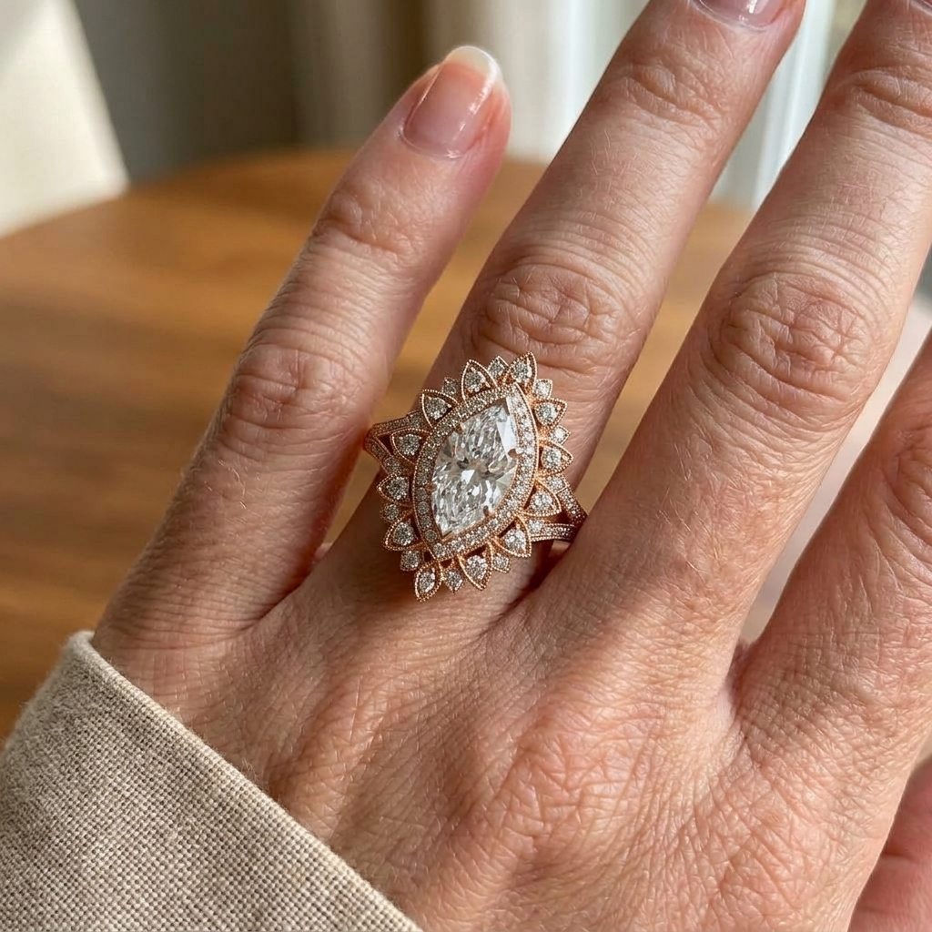 On-hand view of a 3 carat marquise lab grown diamond ring with double vintage sunburst halo in rose gold.