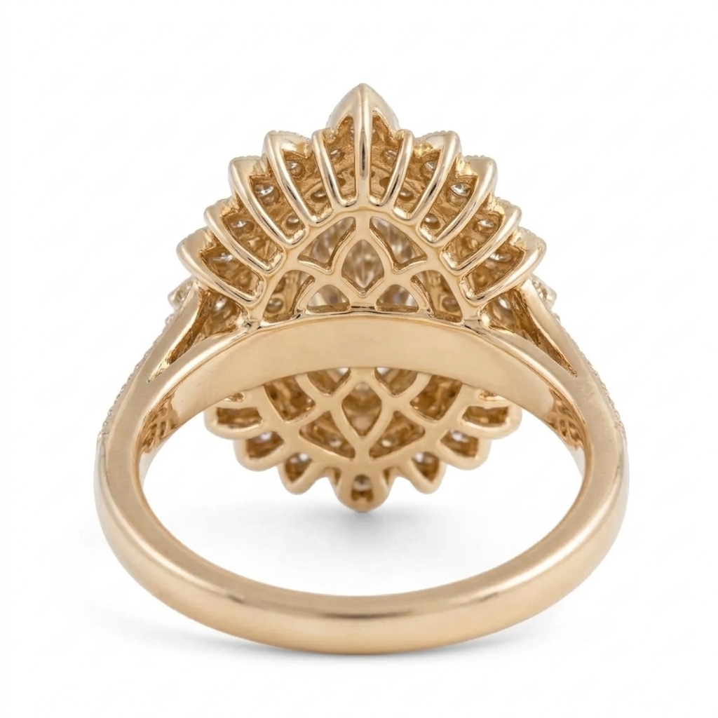 Underside view of a vintage sunburst halo ring showing the intricate gold filigree undergallery supporting a 3 carat marquise lab diamond.