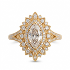 Front view of a 3 carat marquise cut lab grown diamond engagement ring in yellow gold with double sunburst milgrain halo.
