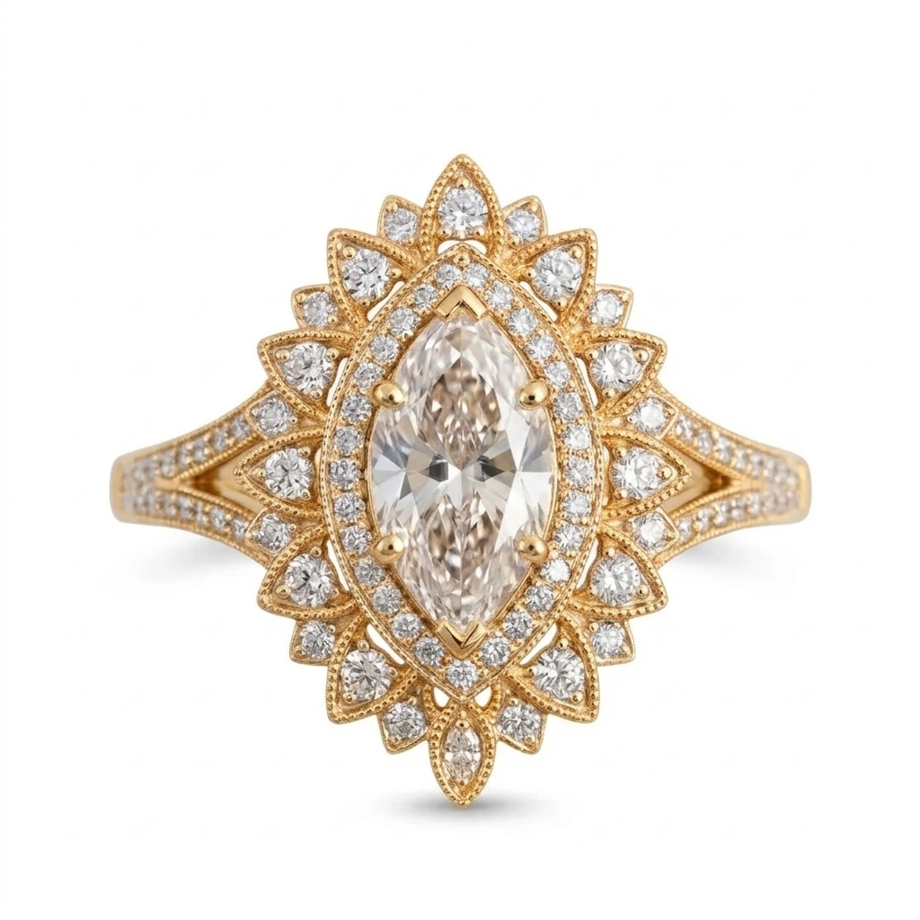 Front view of a 3 carat marquise cut lab grown diamond engagement ring in yellow gold with double sunburst milgrain halo.