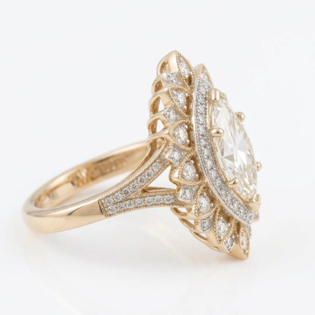Side profile view of a yellow gold vintage marquise lab diamond halo ring featuring a split pave shank with milgrain edges.