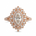 Front view of a 3 carat marquise lab grown diamond engagement ring set in rose gold with a scalloped sunburst halo.