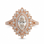 Front view of a 3 carat marquise lab grown diamond engagement ring set in rose gold with a scalloped sunburst halo.