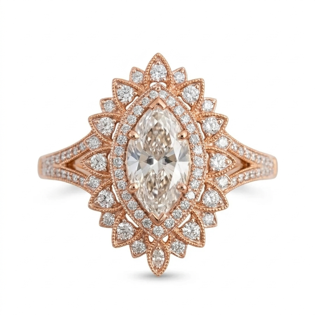Front view of a 3 carat marquise lab grown diamond engagement ring set in rose gold with a scalloped sunburst halo.