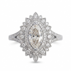 Front view of a 3 carat marquise cut lab grown diamond ring crafted in white gold with vintage milgrain sunburst halo.