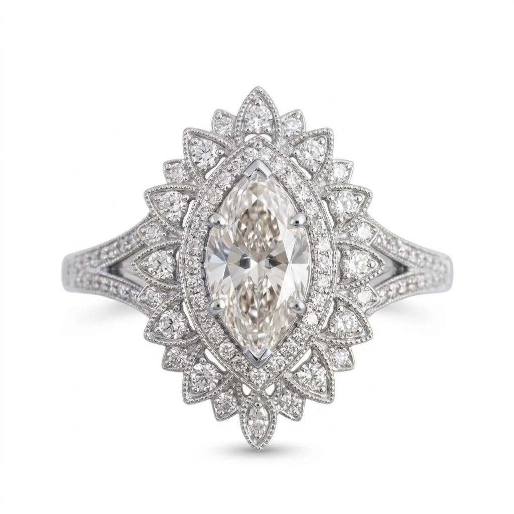 Front view of a 3 carat marquise cut lab grown diamond ring crafted in white gold with vintage milgrain sunburst halo.