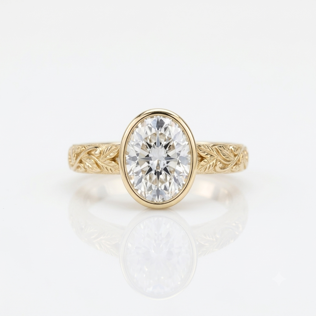 Front top view of a 3 carat oval cut lab grown diamond bezel set ring in yellow gold with leaf engraved band.